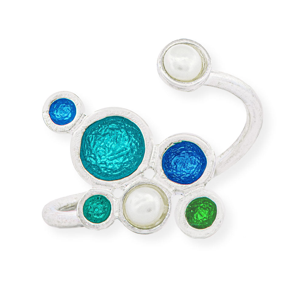 Handmade Silver Enamel Ring Blue, Green &amp; Turquoise Bubbles With Pearls - Anthos Crafts