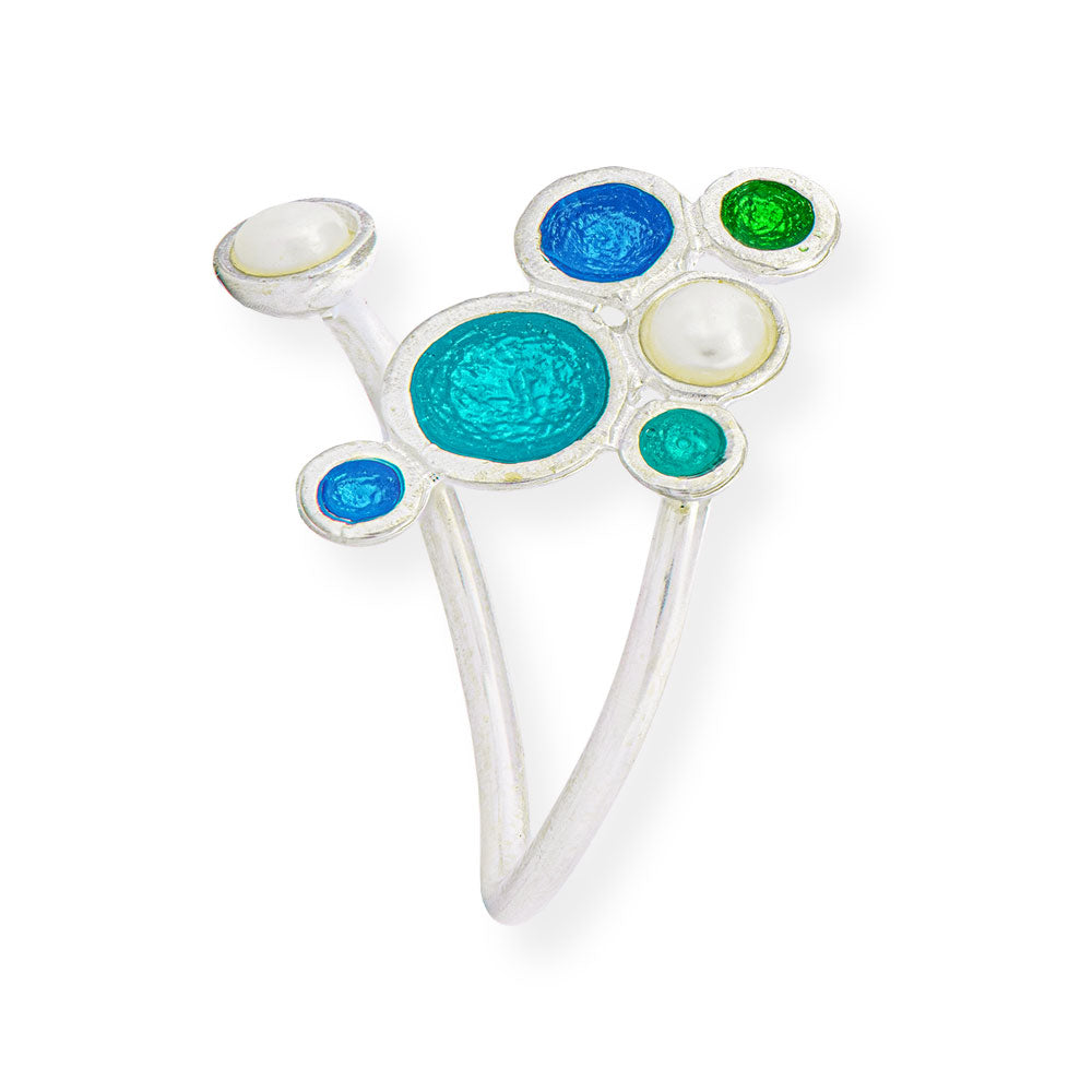 Handmade Silver Enamel Ring Blue, Green &amp; Turquoise Bubbles With Pearls - Anthos Crafts
