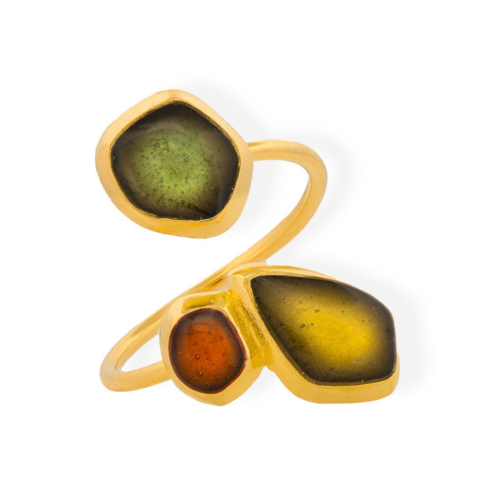 Χειροποίητο Επίχρυσο Ασημένιο Δαχτυλίδι Με Σμάλτο Πράσινο &amp; Πορτοκαλί Seaglass