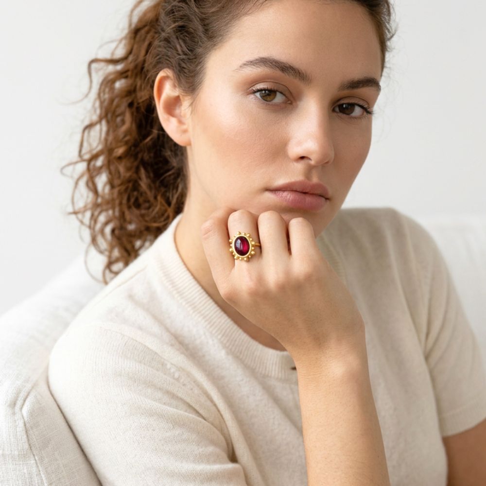Handmade Gold Plated Silver Enamel Ring Red