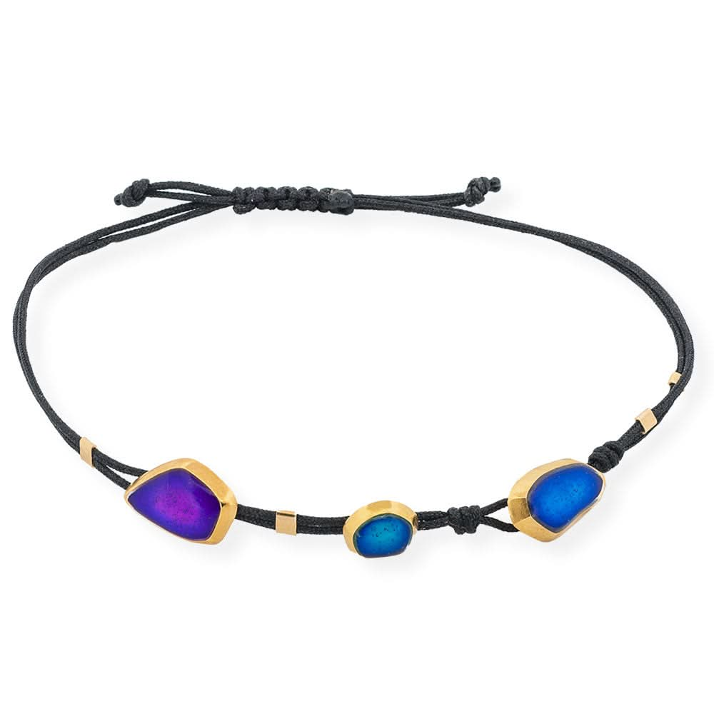 Handmade Black Bracelet With Gold Plated Silver Enamel Elements Blue & Purple Seaglass - Anthos Crafts