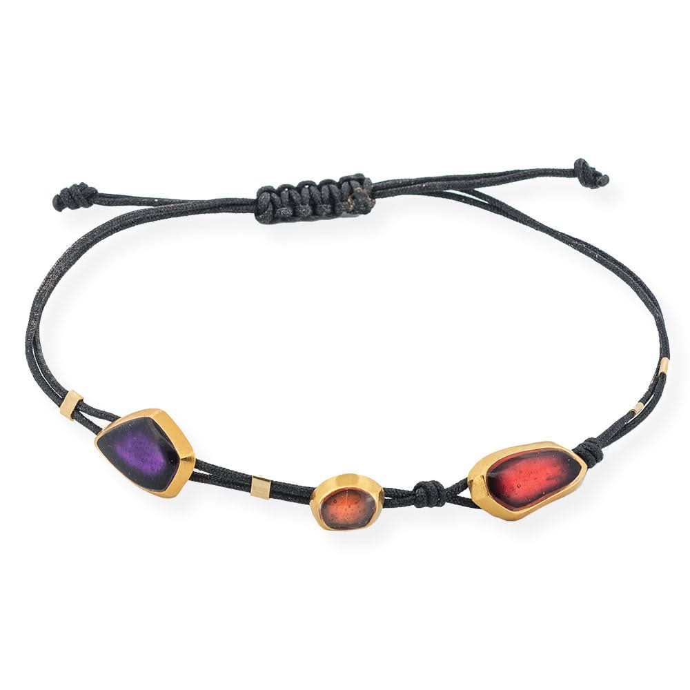 Handmade Black Bracelet With Gold Plated Silver Enamel Elements Red, Orange & Purple Seaglass - Anthos Crafts