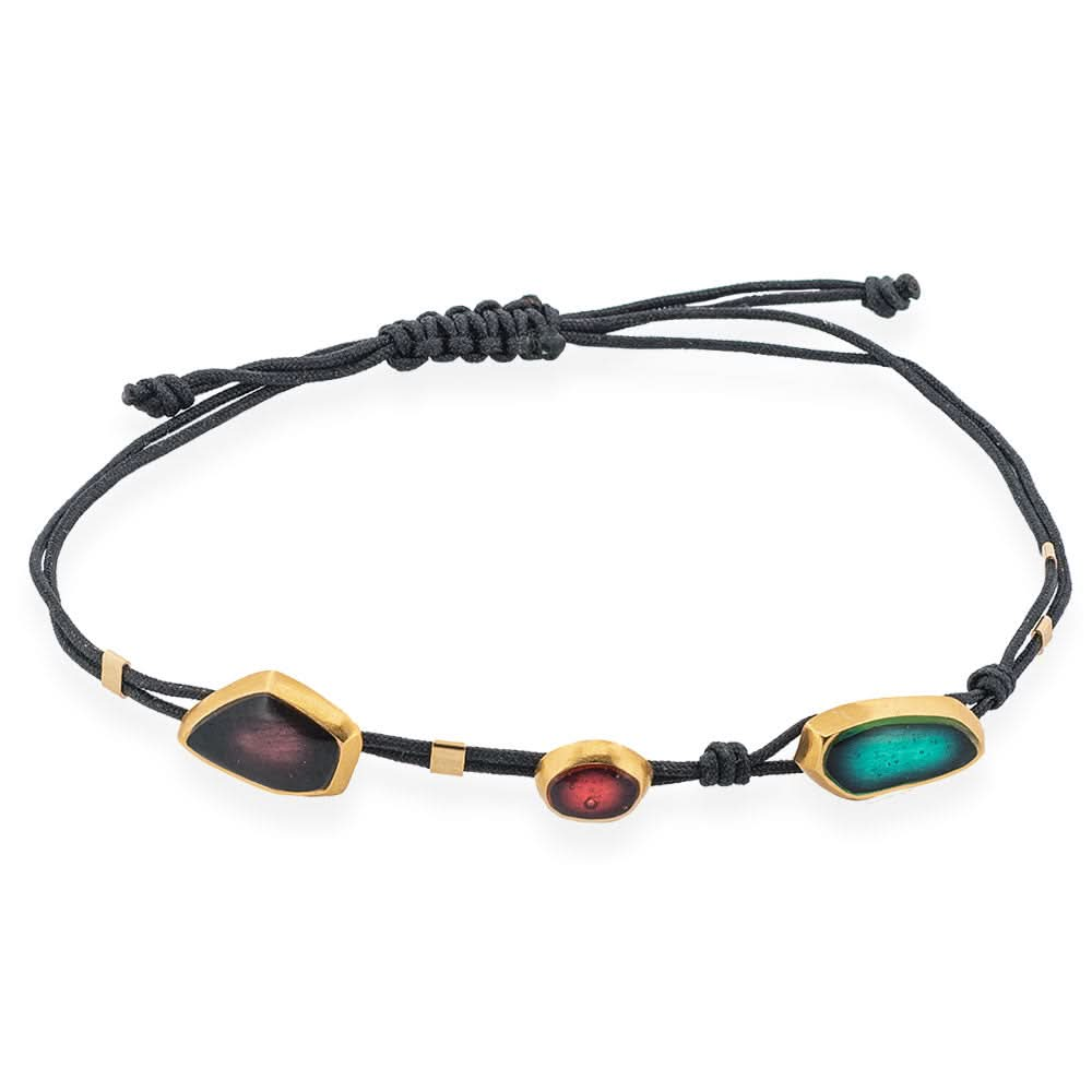 Handmade Black Bracelet With Gold Plated Silver Enamel Elements Red, Green & Purple Seaglass - Anthos Crafts