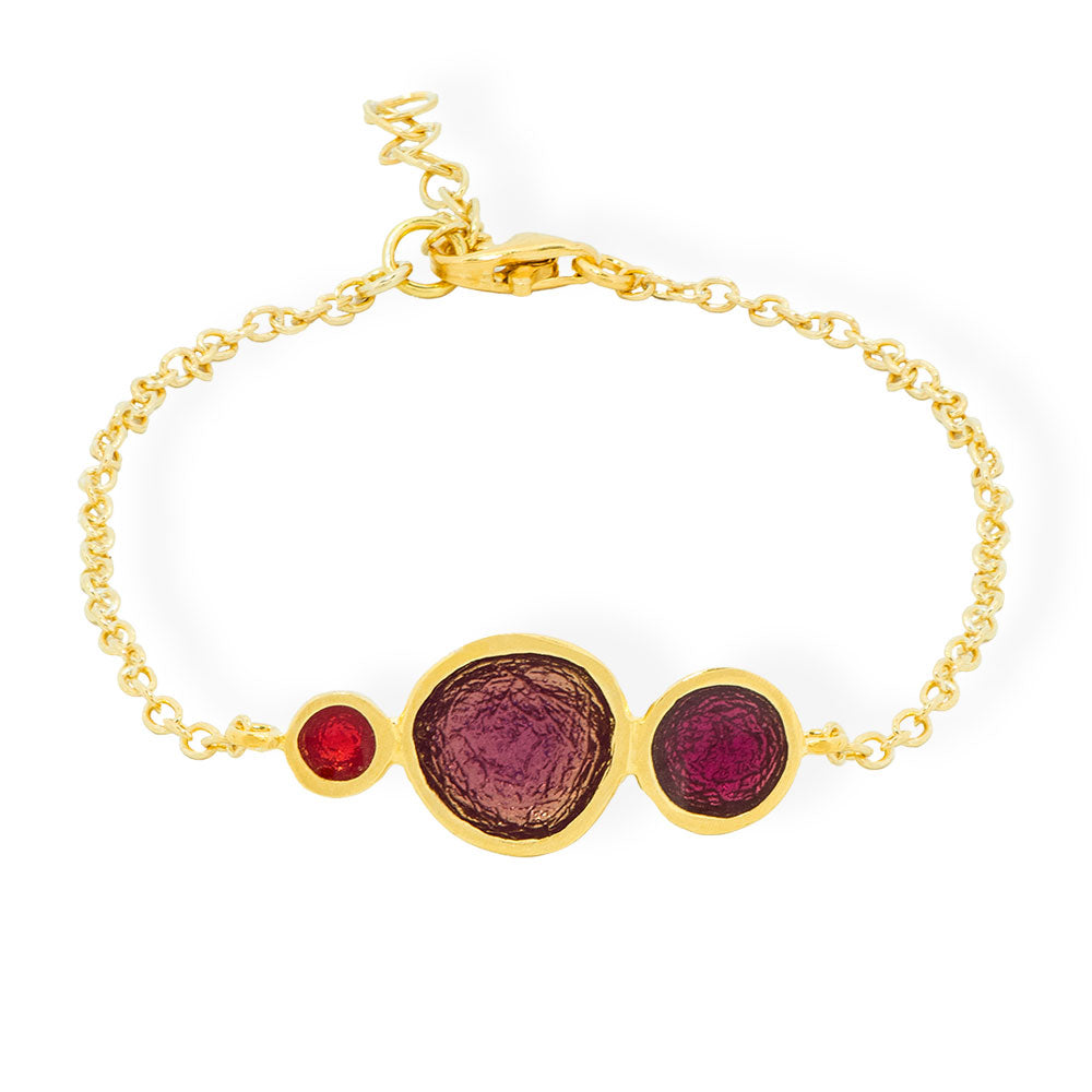 Bracciale fatto a mano in argento placcato oro con design in smalto con sfumature rosse 3 Pebbles