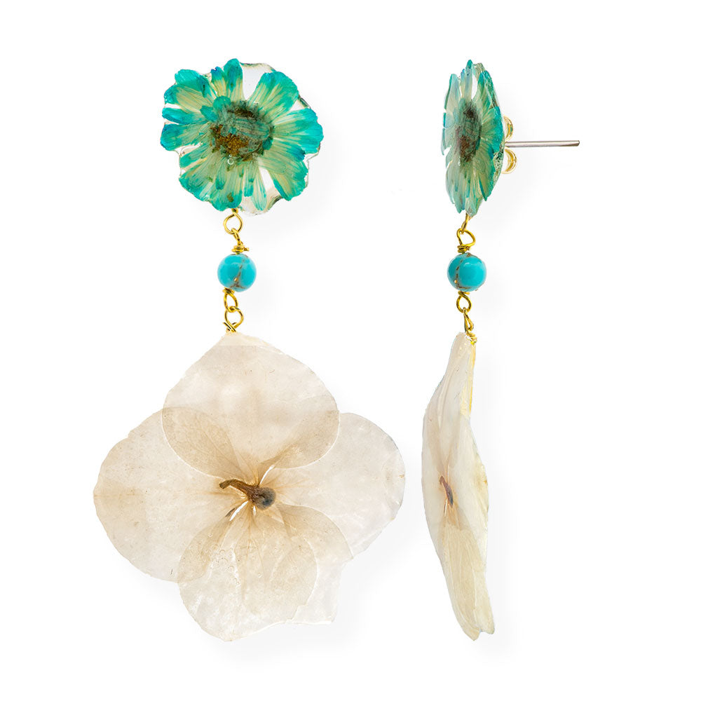 Flower Earrings Made From Turquoise Daisy & White Ηydrangea Petals - Anthos Crafts