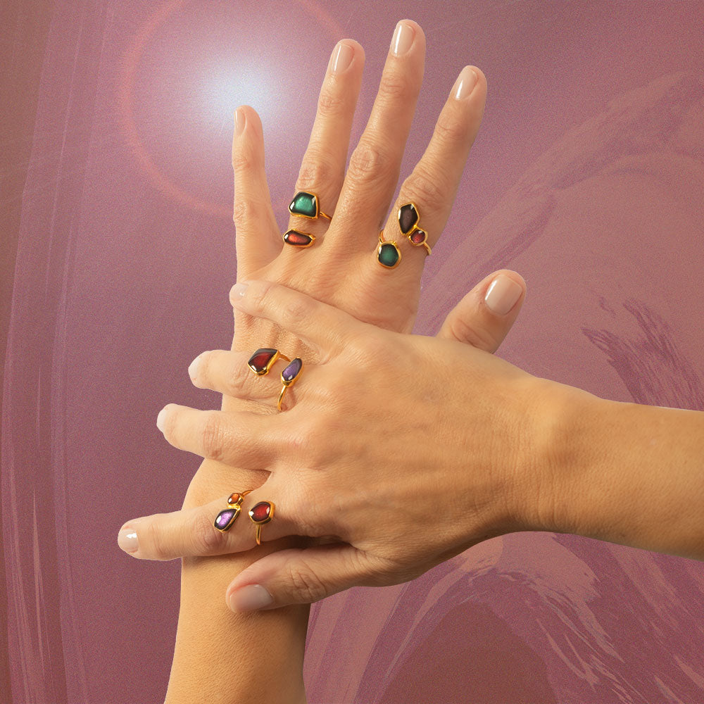 Handmade Gold Plated Silver Enamel Ring Green, Purple & Red Seaglass - Anthos Crafts