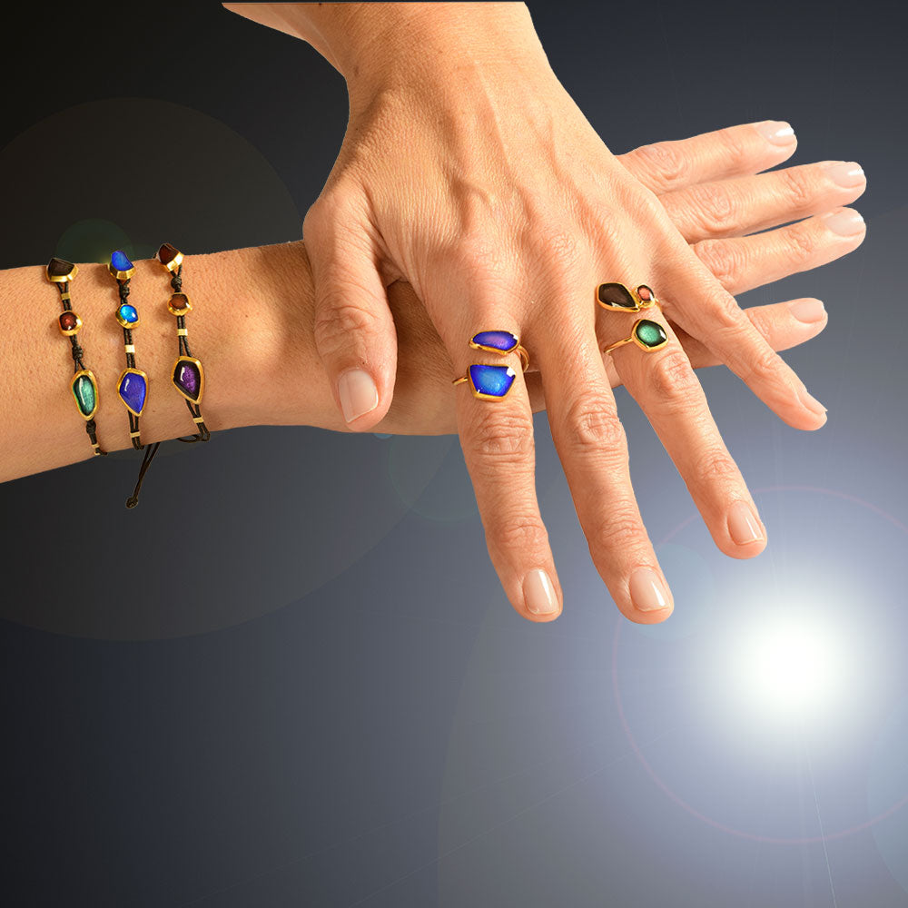 Handmade Black Bracelet With Gold Plated Silver Enamel Elements Blue & Purple Seaglass - Anthos Crafts