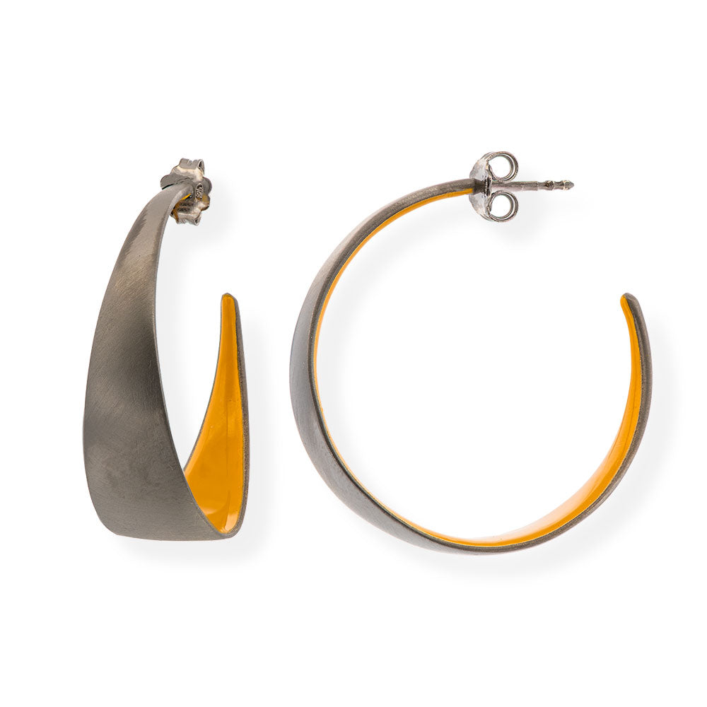 Handmade Black Plated Silver Hoop Earrings With Yellow Enamel Inside - Anthos Crafts
