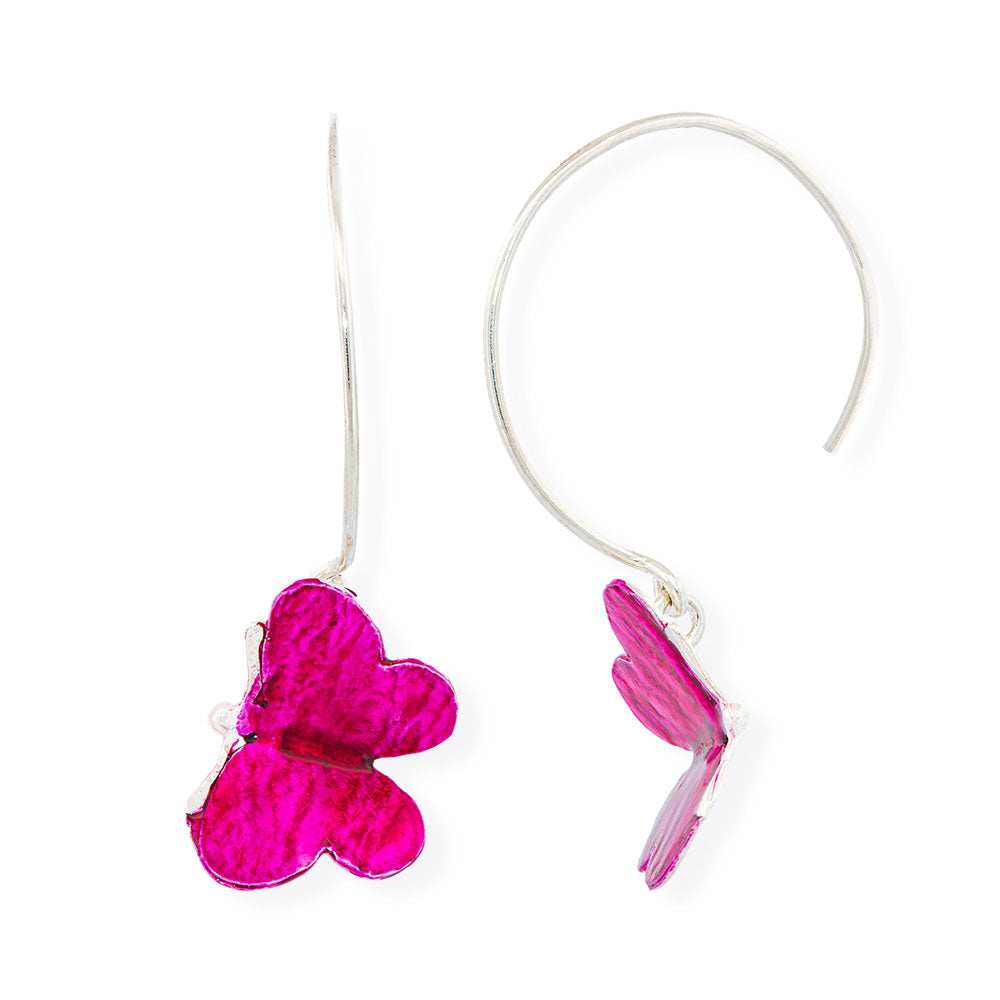 Handmade Silver Fuchsia Butterfly Hoop Earrings - Anthos Crafts