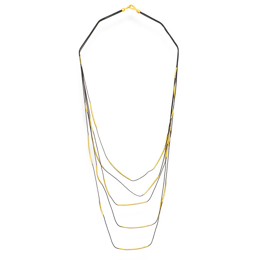 Handmade Long Black Necklace With Gold Plated Rods - Anthos Crafts