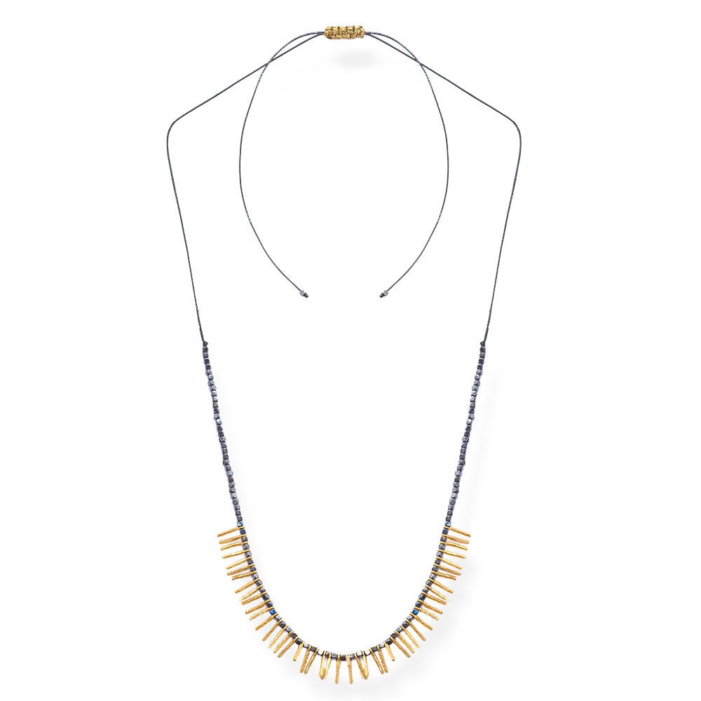 Handmade Short Black Necklace With Gold Plated Silver Elements & Hematite Stones - Anthos Crafts