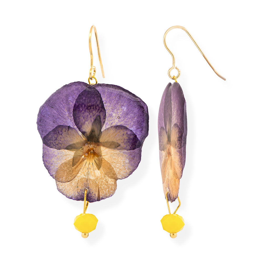 Flower Purple Pansy Dangle Earrings With Swarovski Stones - Anthos Crafts