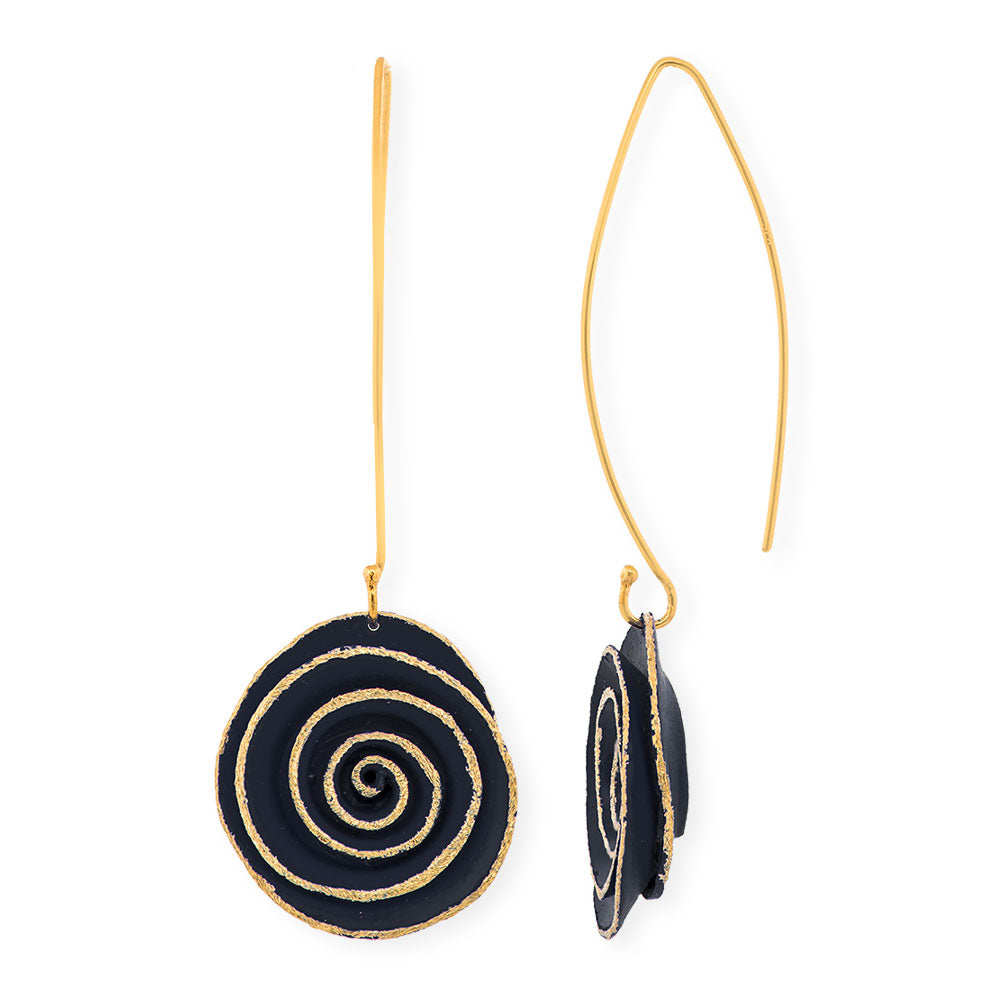 Handmade Gold Plated Black Spiral Earrings - Anthos Crafts