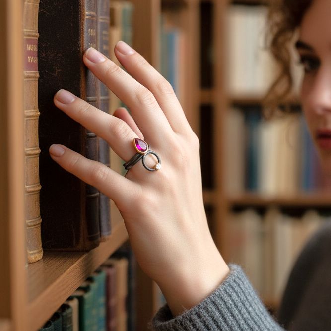 Handmade Gold & Black Plated Silver Ring With Red Zircon Tear - Anthos Crafts