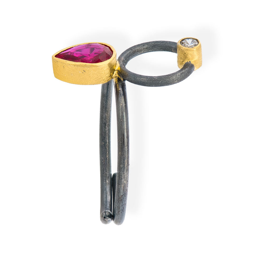 Handmade Gold & Black Plated Silver Ring With Red Zircon Tear - Anthos Crafts