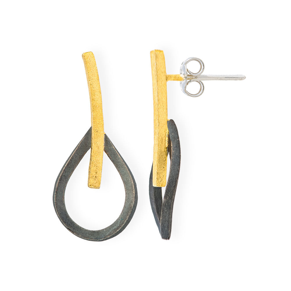 Χειροποίητα Επίχρυσα &amp; Μαύρα Ασημένια Καρφωτά Σκουλαρίκια Δάκρυα