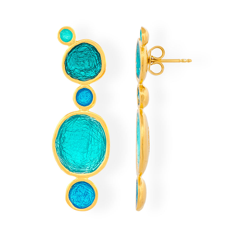 Handmade Gold Plated Silver Earrings with Shades of Turquoise Enamel Pebbles - Anthos Crafts