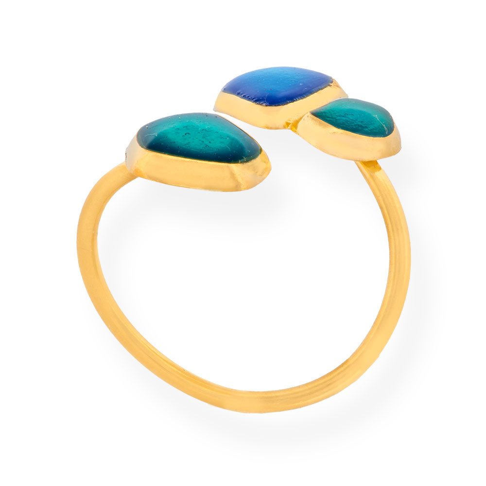 Handmade Gold Plated Silver Enamel Ring Green &amp; Blue Seaglass