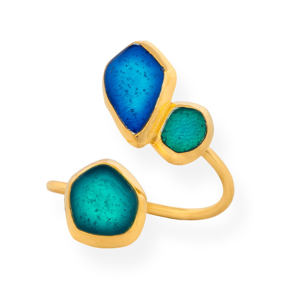 Handmade Gold Plated Silver Enamel Ring Green &amp; Blue Seaglass