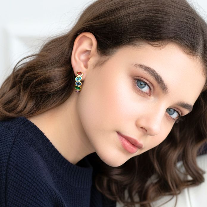 Handmade Gold Plated Silver Hoop Earrings With Multicolor Zircons