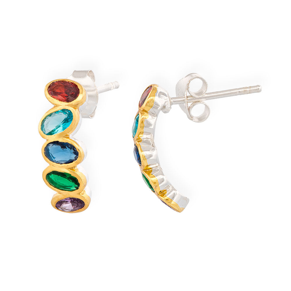 Handmade Gold Plated Silver Hoop Earrings With Multicolor Zircons - Anthos Crafts