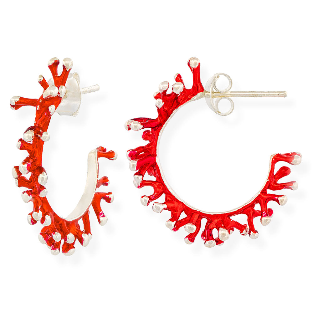 Handmade Silver Hoop Earrings Red Corals - Anthos Crafts