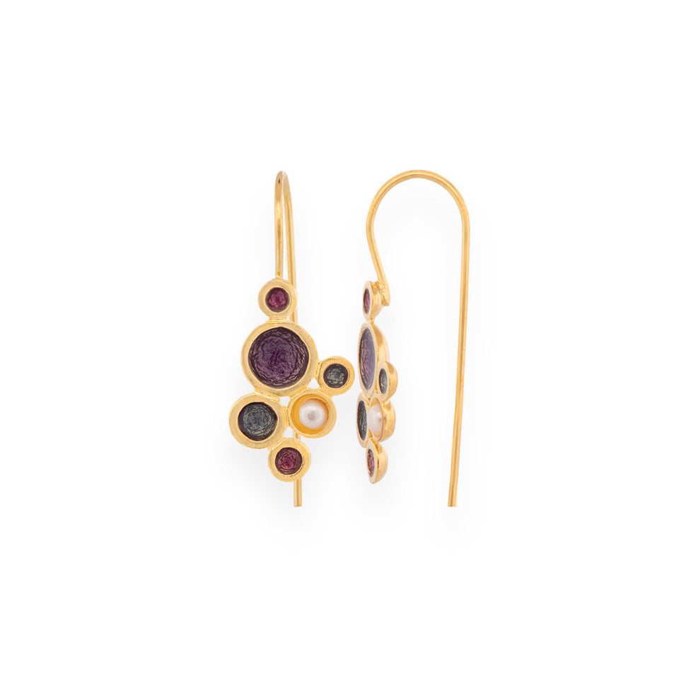 Gold Earrings with Purple &amp; Green Enamel Bubbles With Pearl - Anthos Crafts