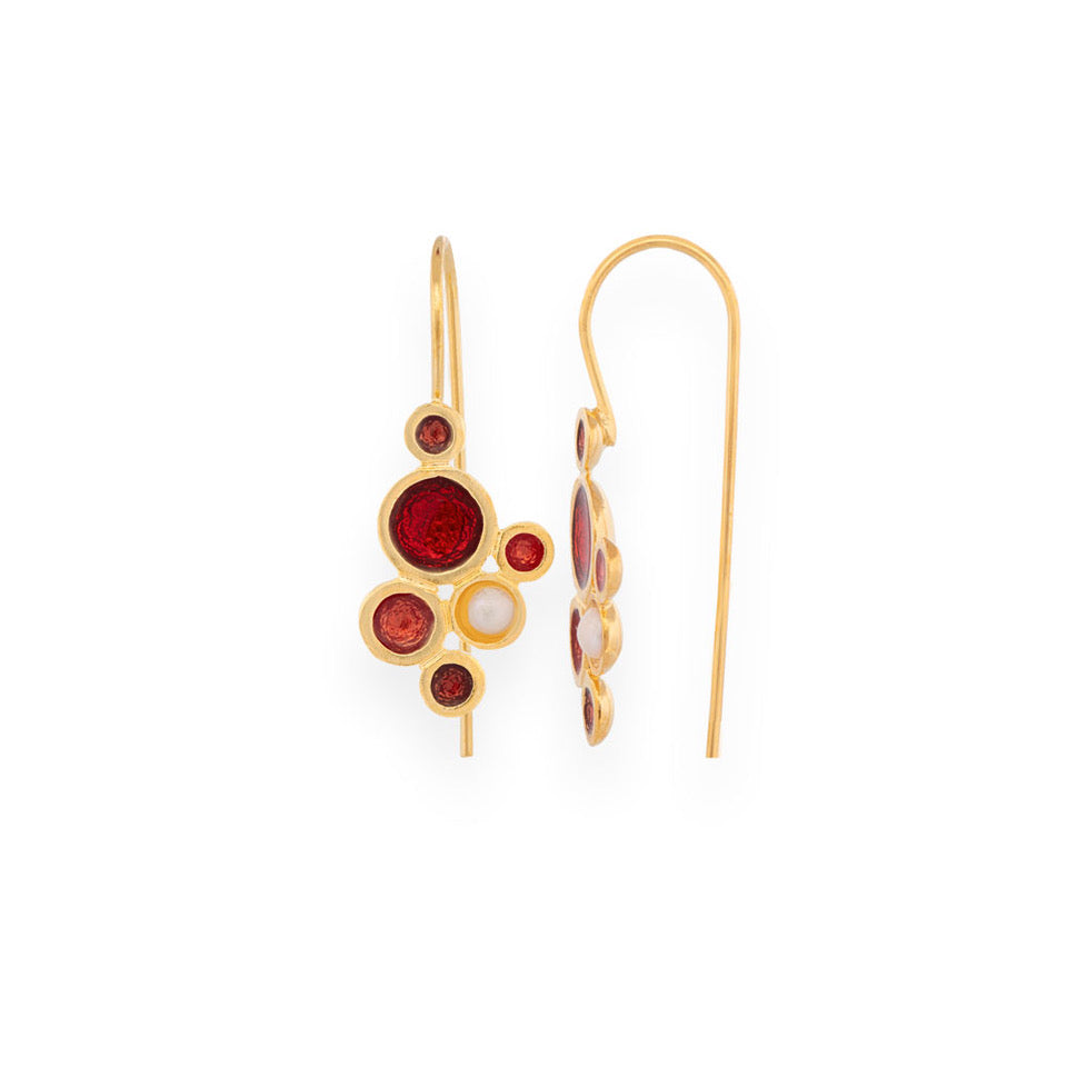 Gold Earrings with Red &amp; Orange Enamel Bubbles With Pearl - Anthos Crafts