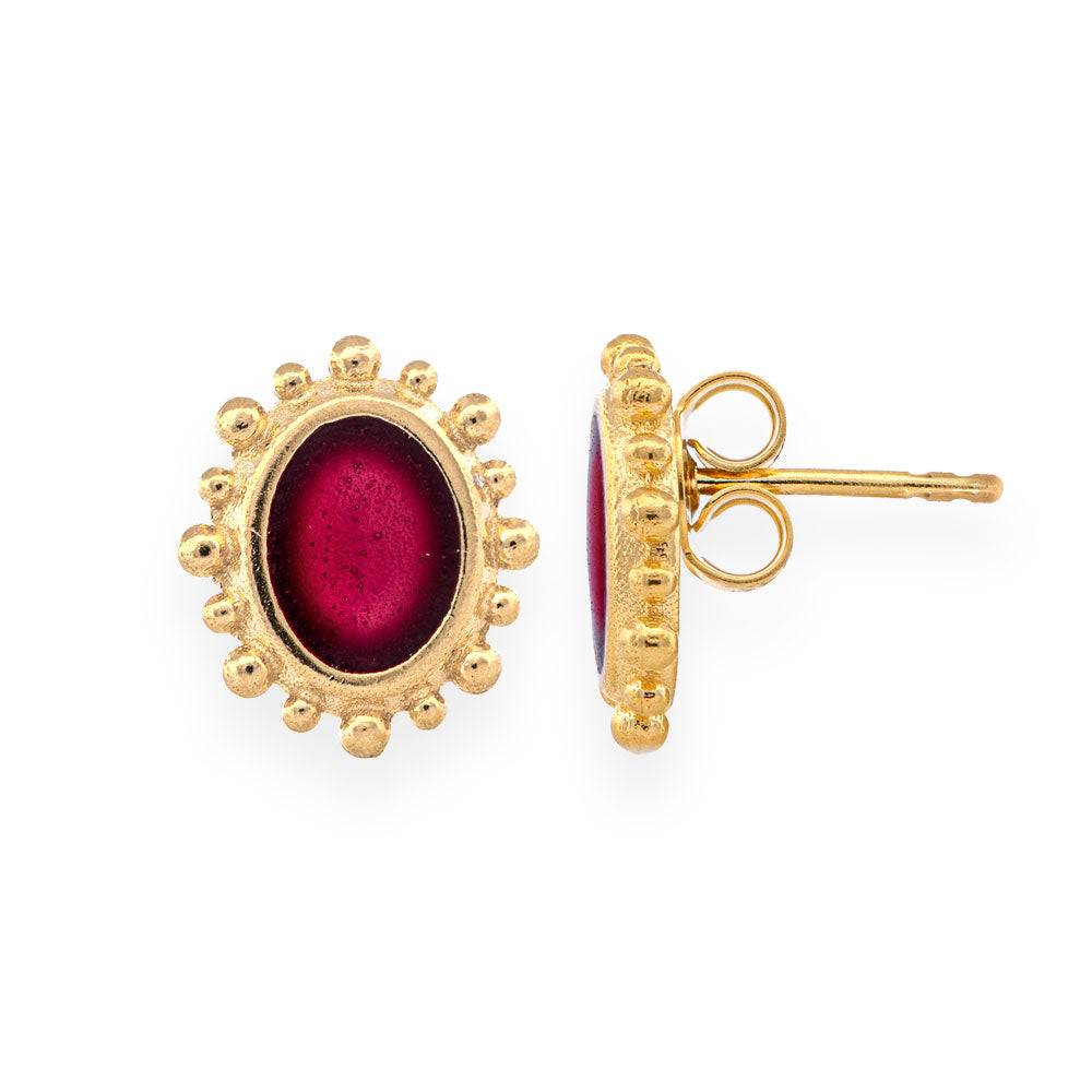 Gold Plated Silver Stud Earrings with Red Enamel