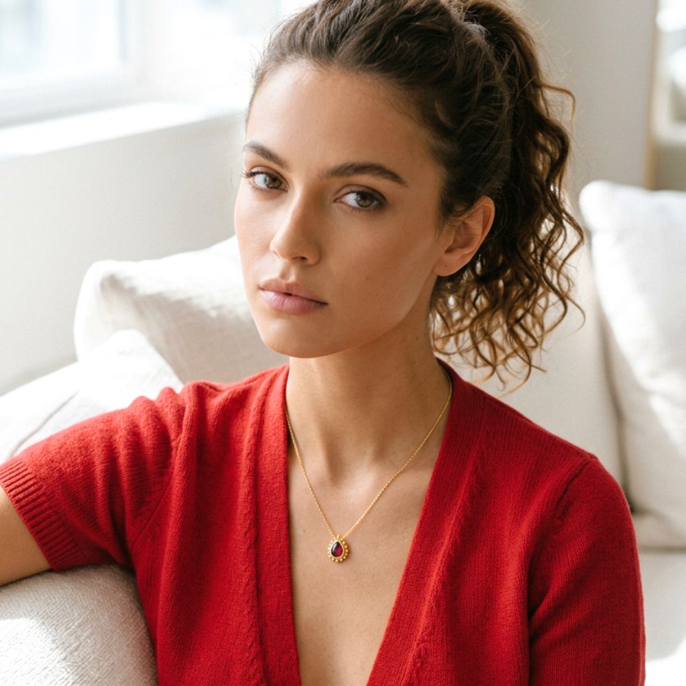 Handmade Gold Plated Silver Necklace with Red Enamel Pendant