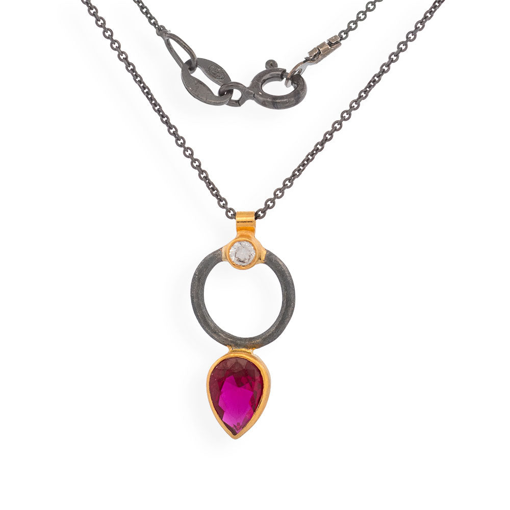 Handmade Gold & Black Plated Silver Necklace With Red Zircon Tear - Anthos Crafts