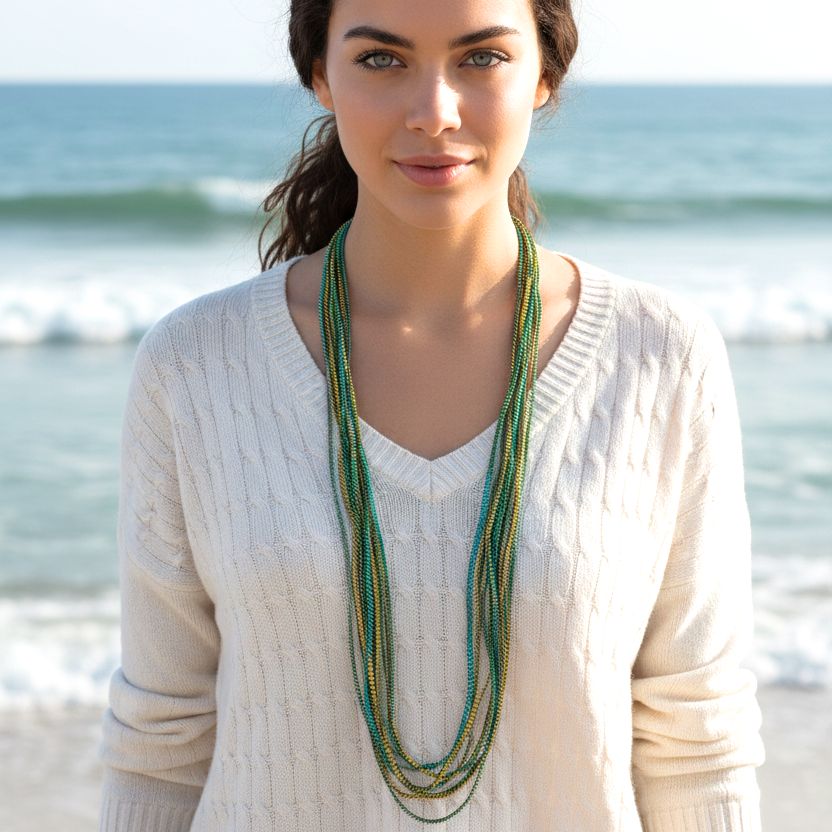 Satin Pleated Necklace Essilp Gold Turquoise Green KL-09 - Anthos Crafts