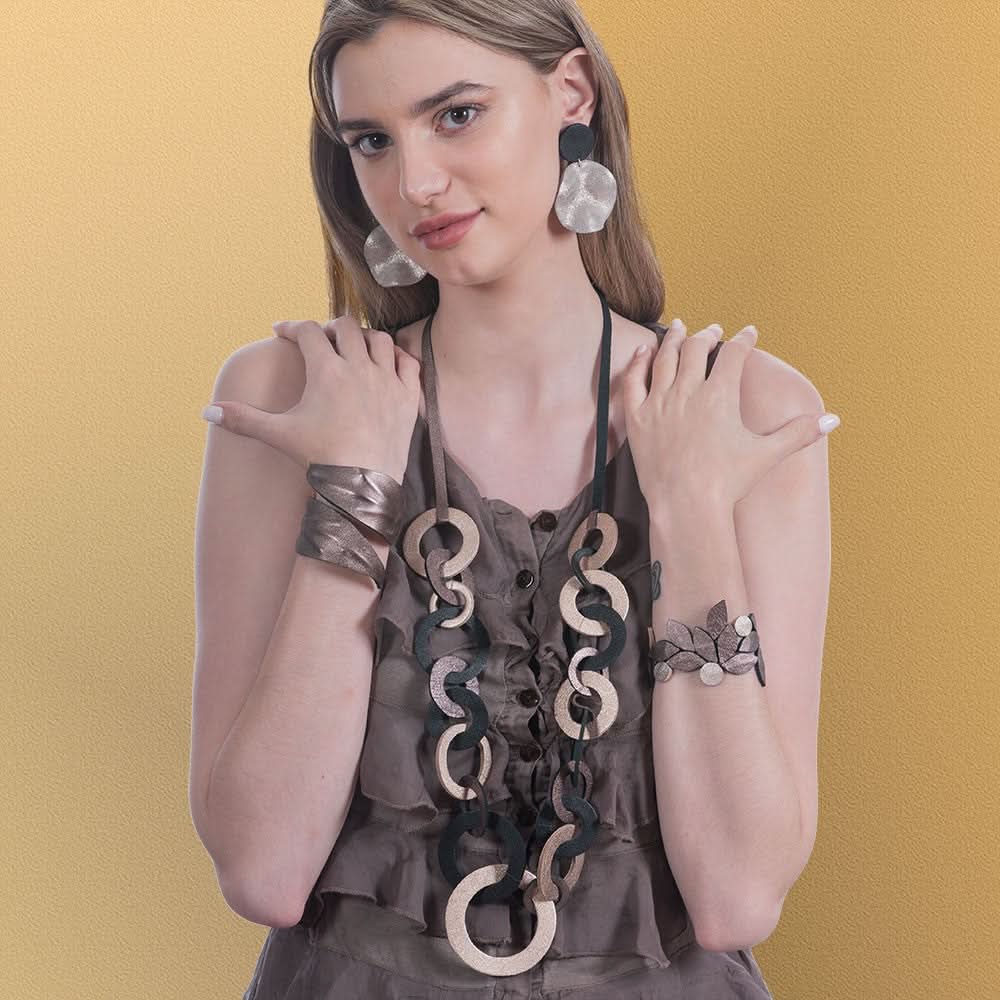 Handmade Leather Earrings Black & Pastel Gray Big Waves - Anthos Crafts