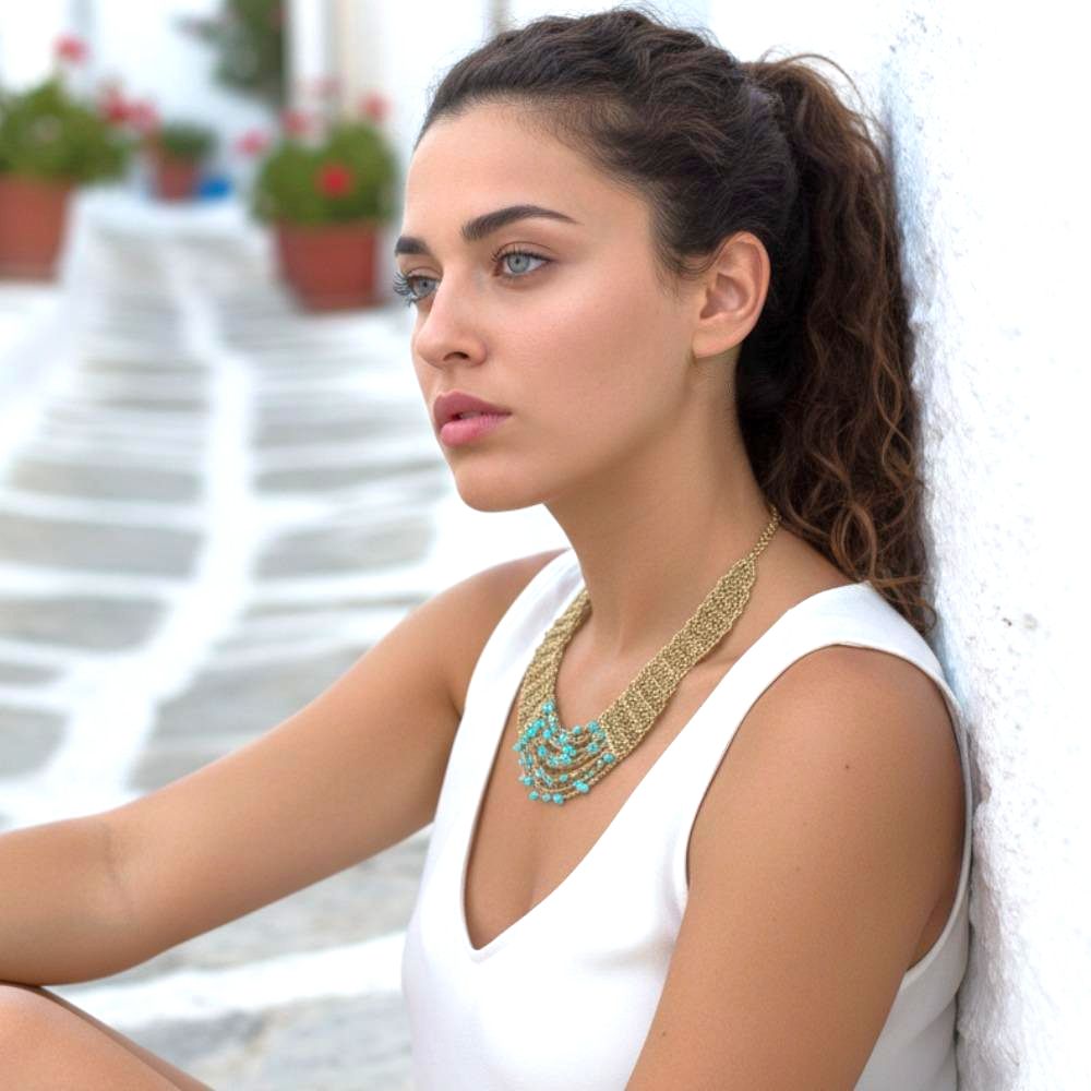 Handmade Gold Plated Choker Necklace with Turquoise Stones - Anthos Crafts