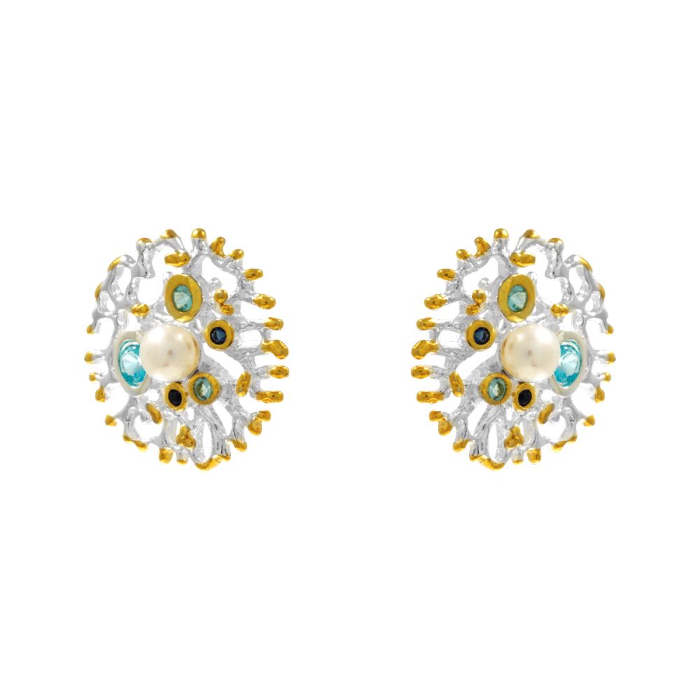 Handmade Silver Stud Earrings Corals With Pearls & Zircons - Anthos Crafts