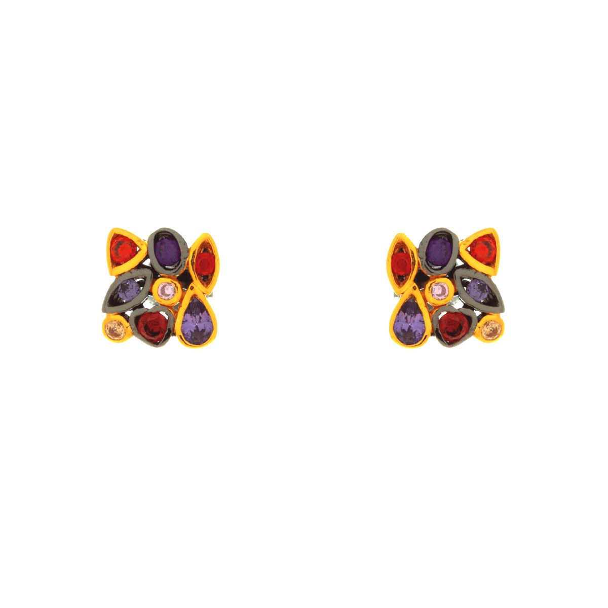 Handmade Gold & Black Silver Stud Earrings With Multicolor Zircons - Anthos Crafts
