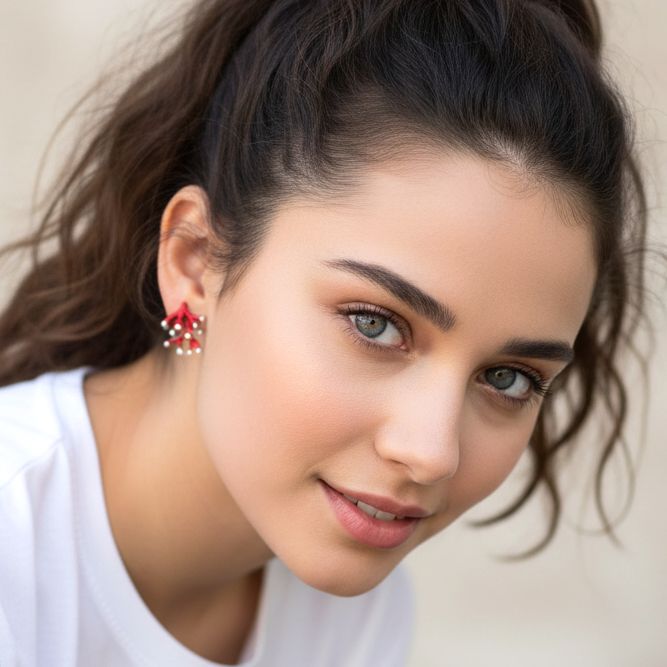 Handmade Silver Stud Earrings Red Small Corals - Anthos Crafts