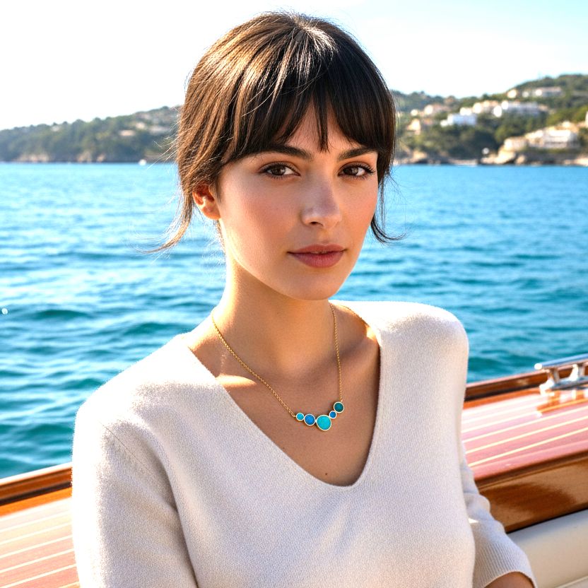 Handmade Gold Plated Silver Necklace with Turquoise Shades Enamel Pendant 5 Pebbles - Anthos Crafts