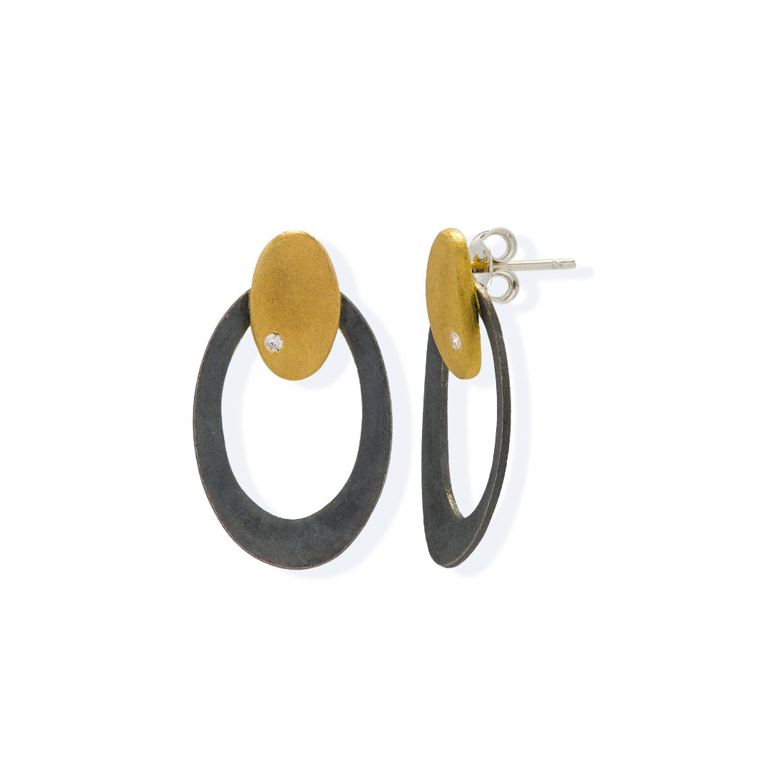 Handmade Gold & Black Plated Silver Stud Earrings Oval Circles With Zircons - Anthos Crafts