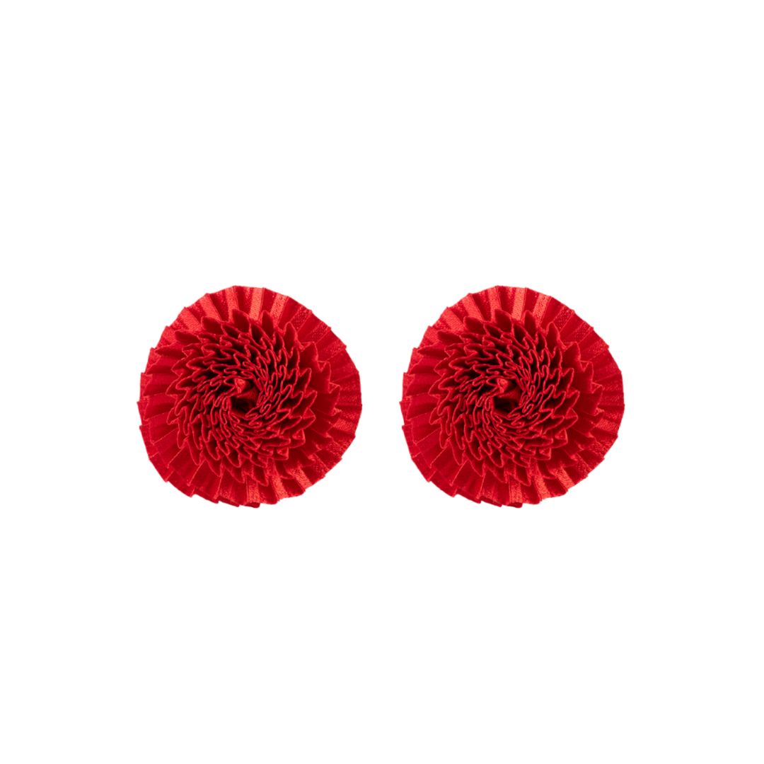 Satin Pleated Stud Earrings Red FLowers CHRIS-E-RE - Anthos Crafts