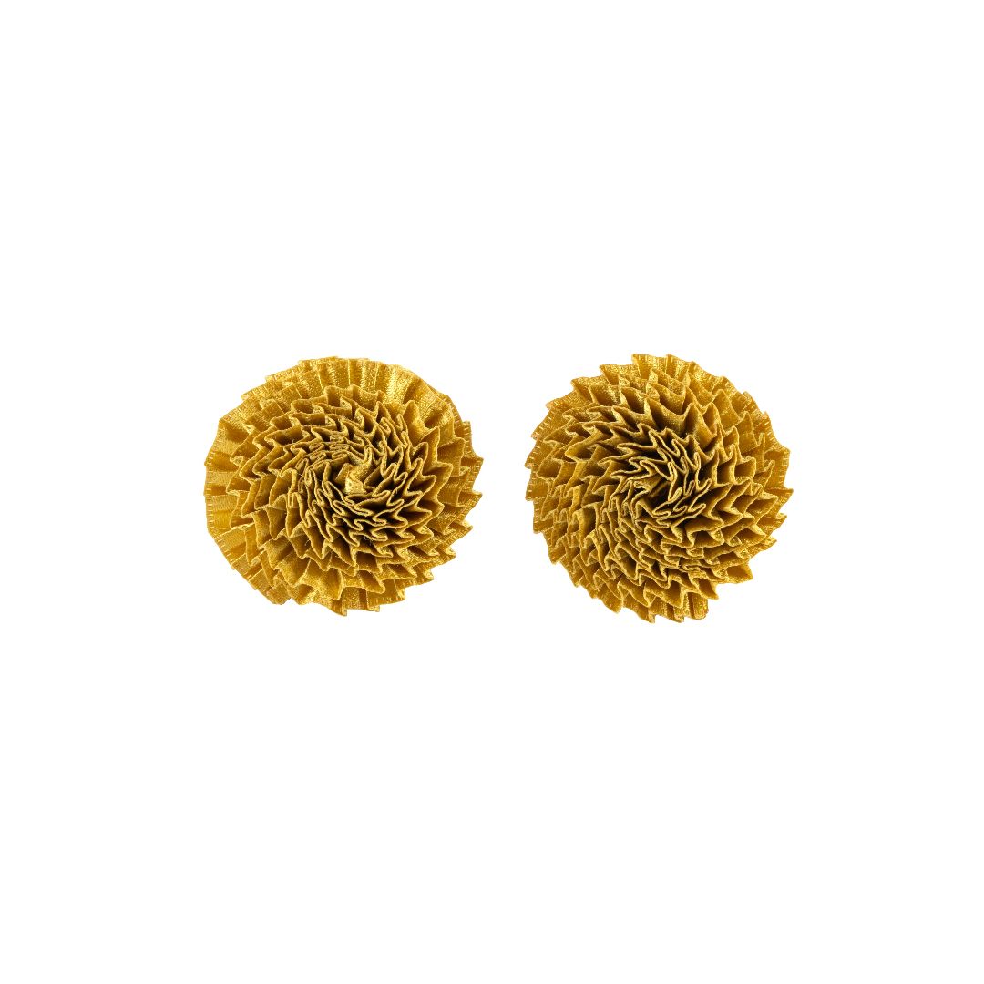 Satin Pleated Stud Earrings Gold Flowers CHRIS-E-GO - Anthos Crafts