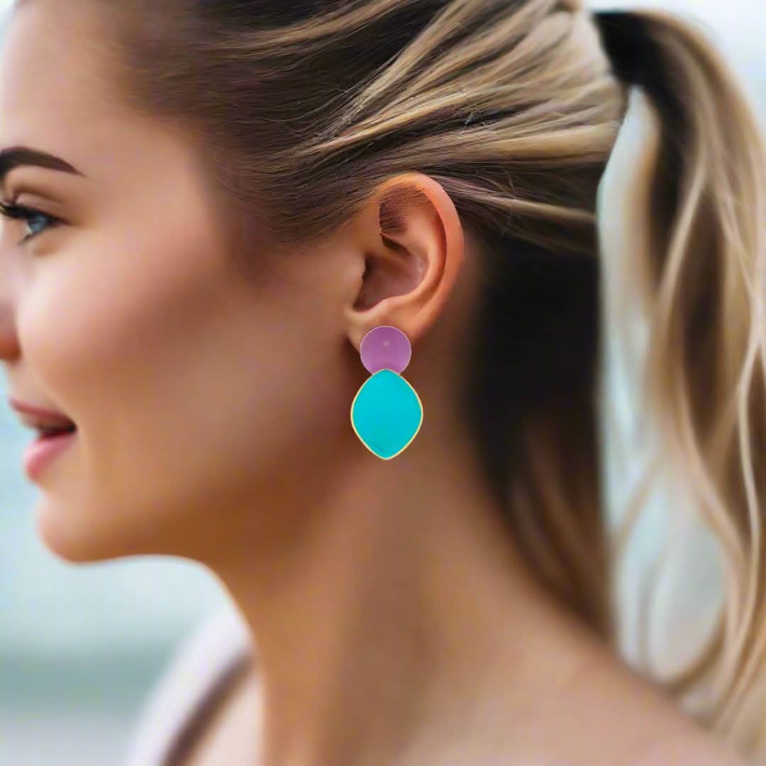 Handmade Gold Plated Silver Dangle Earrings with Purple & Tourquoise Enamel - Anthos Crafts