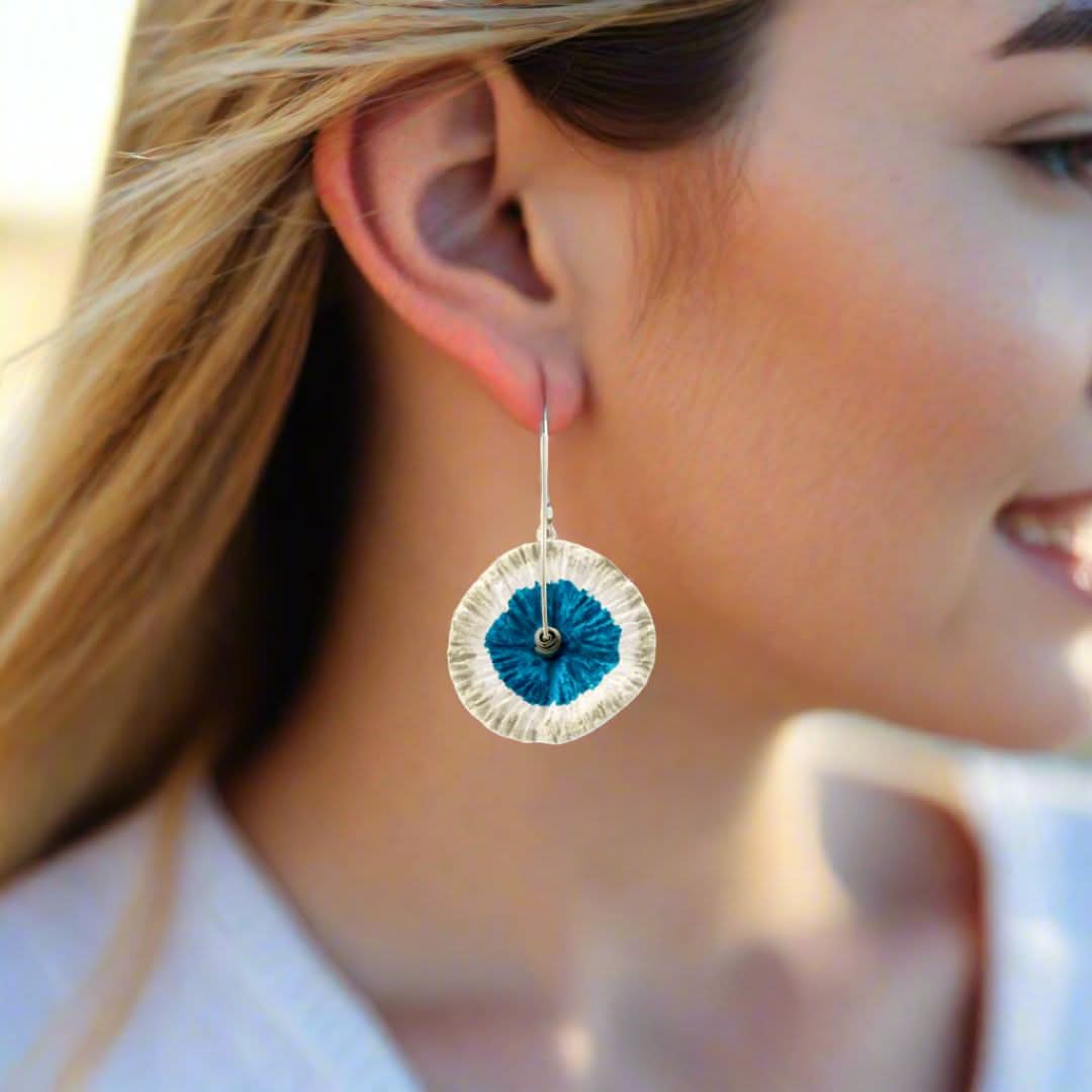 Handmade Flower Earrings Made From Papier-Mâché Turquoise Silver White - Anthos Crafts