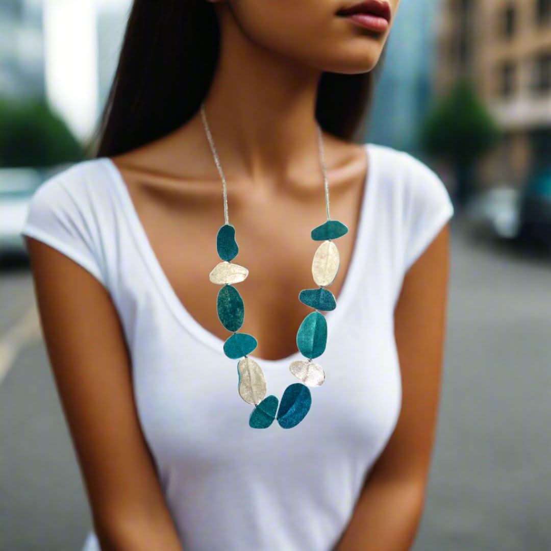 Handmade Leather Necklace Silver & Petrol Pebbles - Anthos Crafts