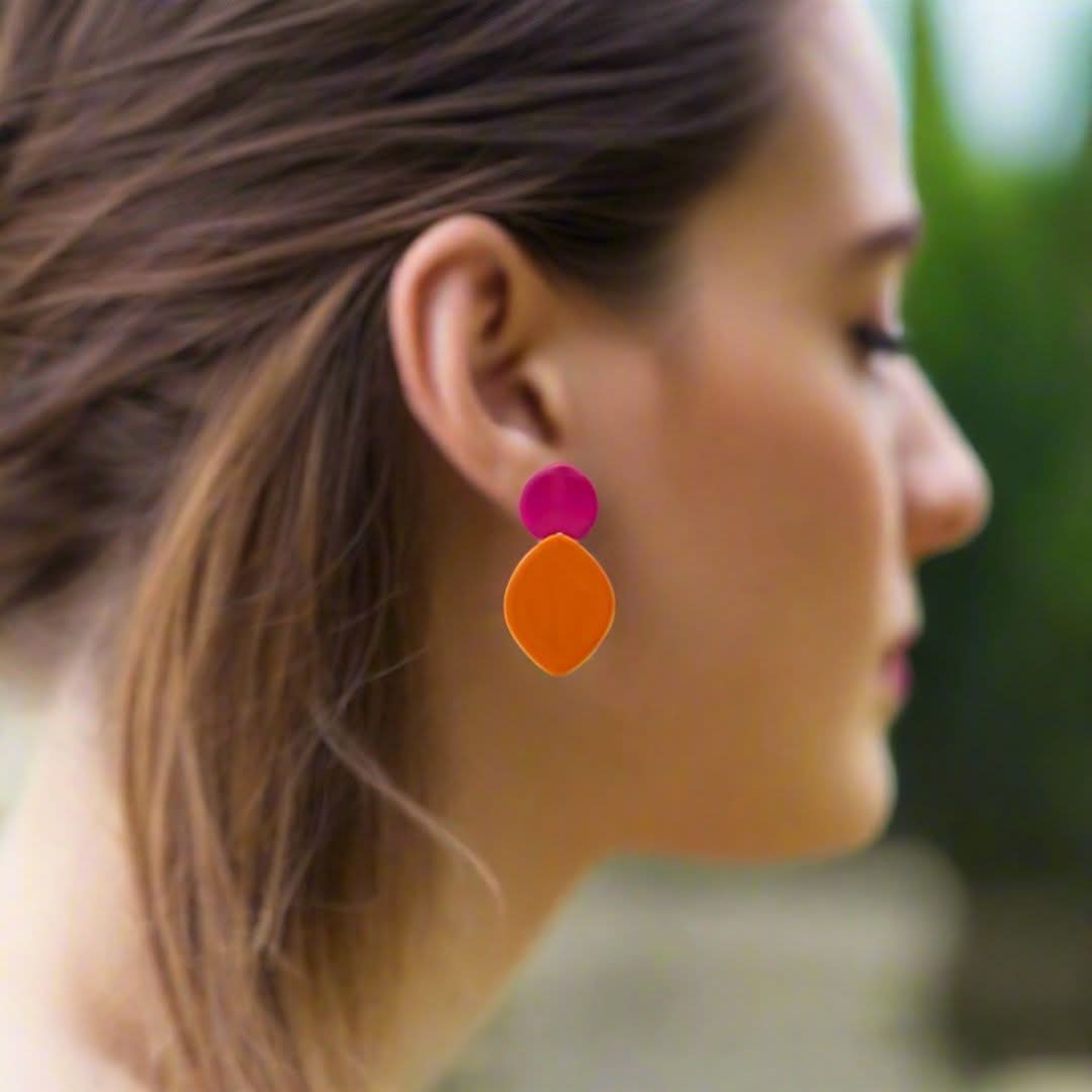 Handmade Gold Plated Silver Dangle Earrings with Orange & Fucsia Enamel - Anthos Crafts