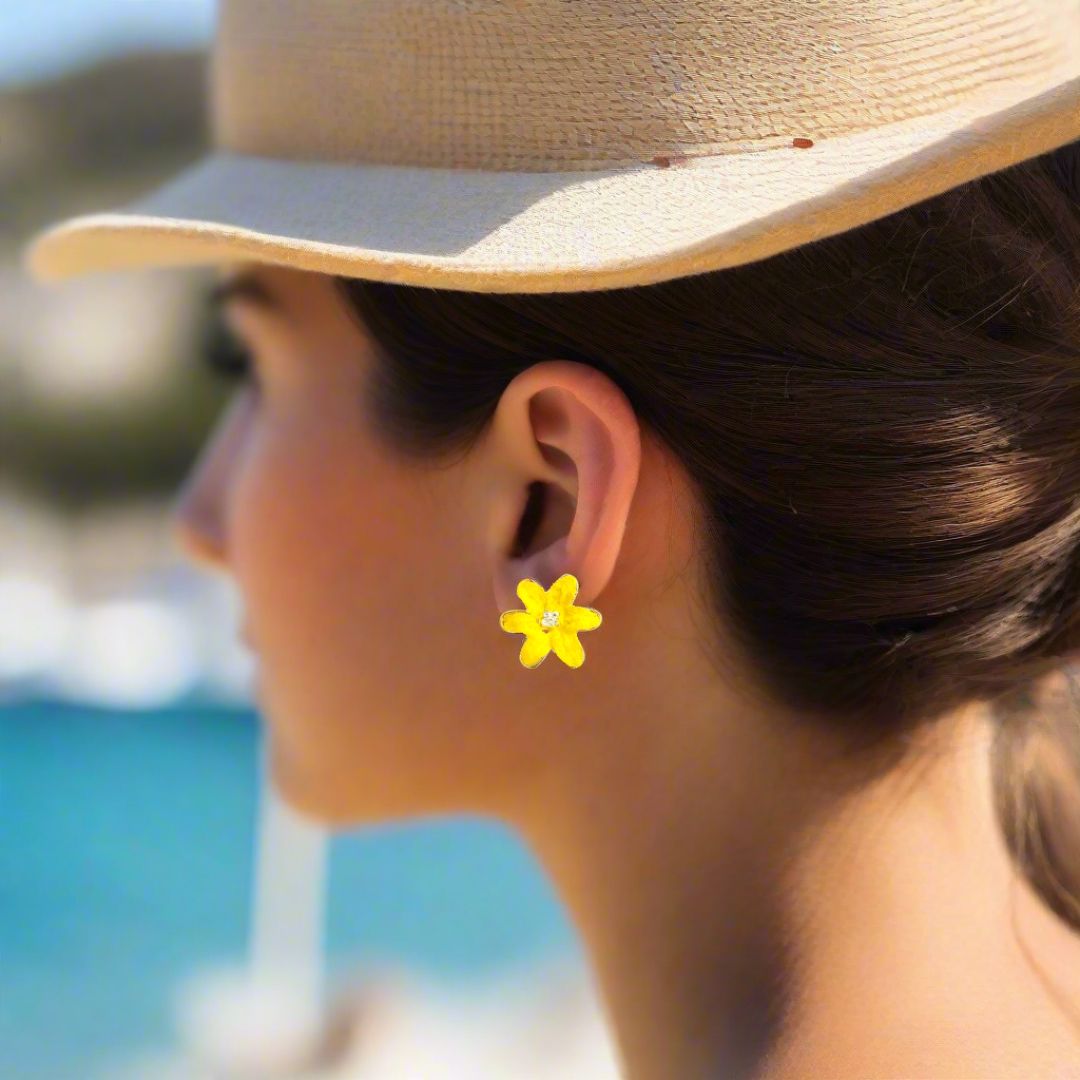 Handmade Silver Stud Earrings Little Yellow Flowers - Anthos Crafts
