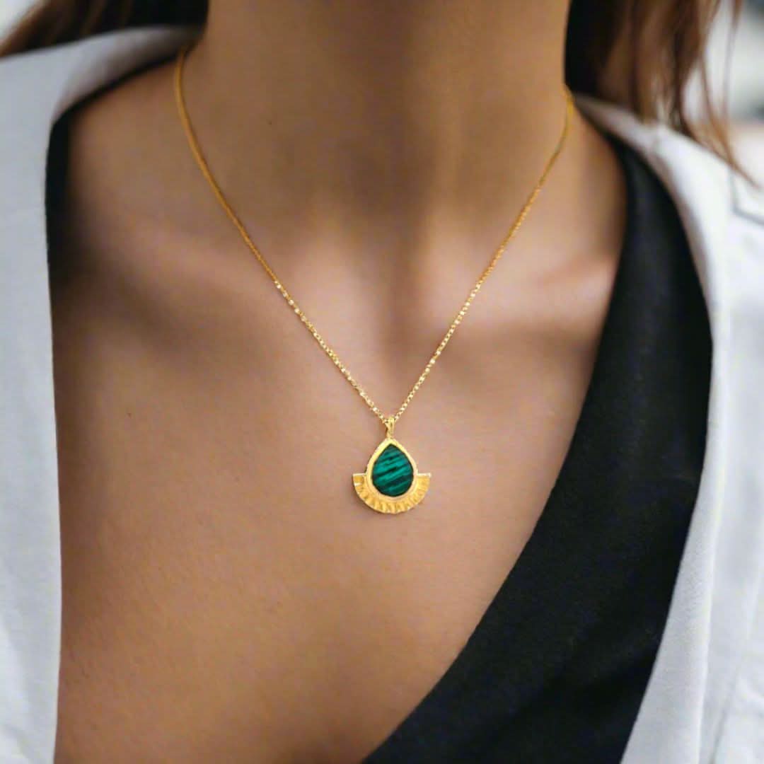 Handmade Gold Plated Silver Short Chain Necklace With Malachite - Anthos Crafts