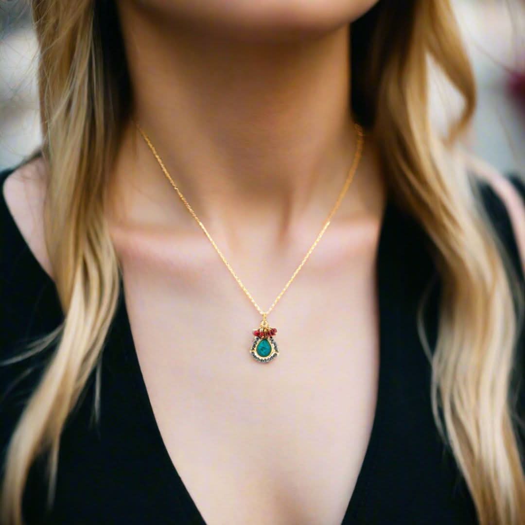 Handmade Short Gold Plated Silver Chain Necklace With Chrysocolla Quartz, Hematites & Rhodolites - Anthos Crafts