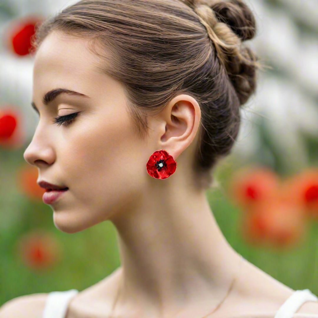 Handmade Silver Red Poppy Flower Stud Earrings - Anthos Crafts