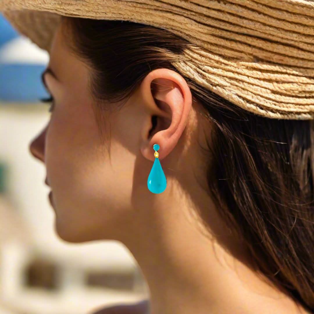 Handmade Gold Plated Silver Dangle Earrings with Turquoise Enamel Tears - Anthos Crafts